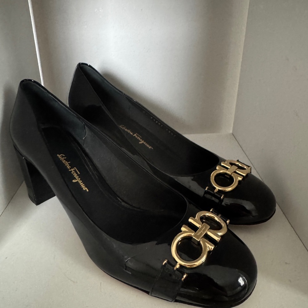 Salvatore Ferragamo Black Heels with Gold Buckle